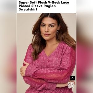 Torrid Super Soft Plush V-Neck Lace Pieced Sleeve Raglan Sweatshirt burgundy